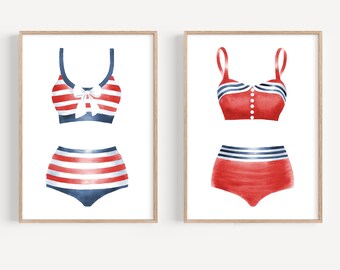 Vintage swimsuit art print set 2 Red white blue bathing suit art Watercolor swimsuit print Beach house decor Nautical prints Retro wall art