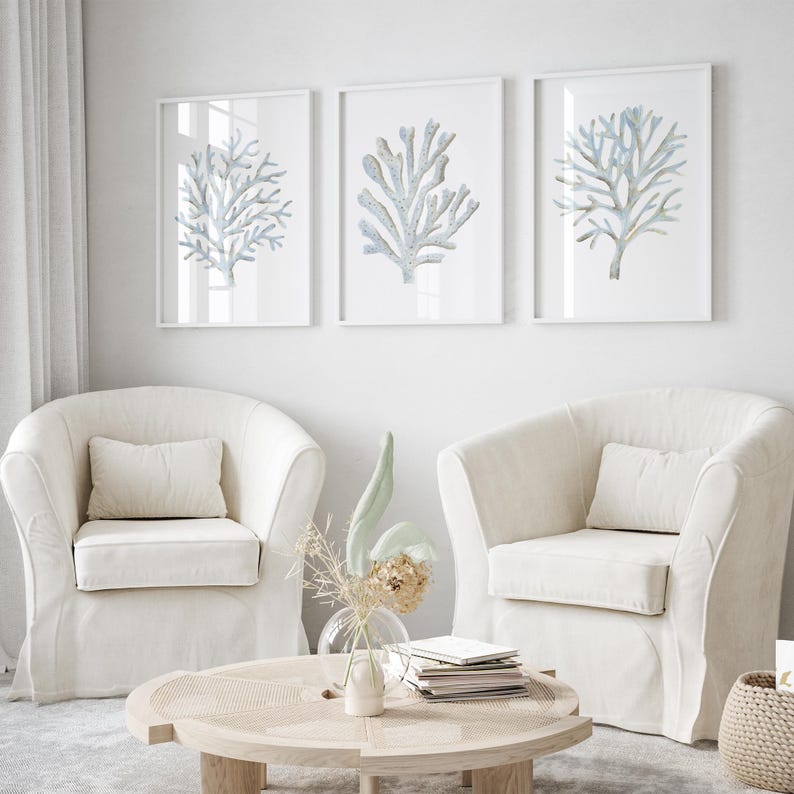 Nautical Light Blue Wall Art Coastal Wall Art Blue Coral Prints Set of ...