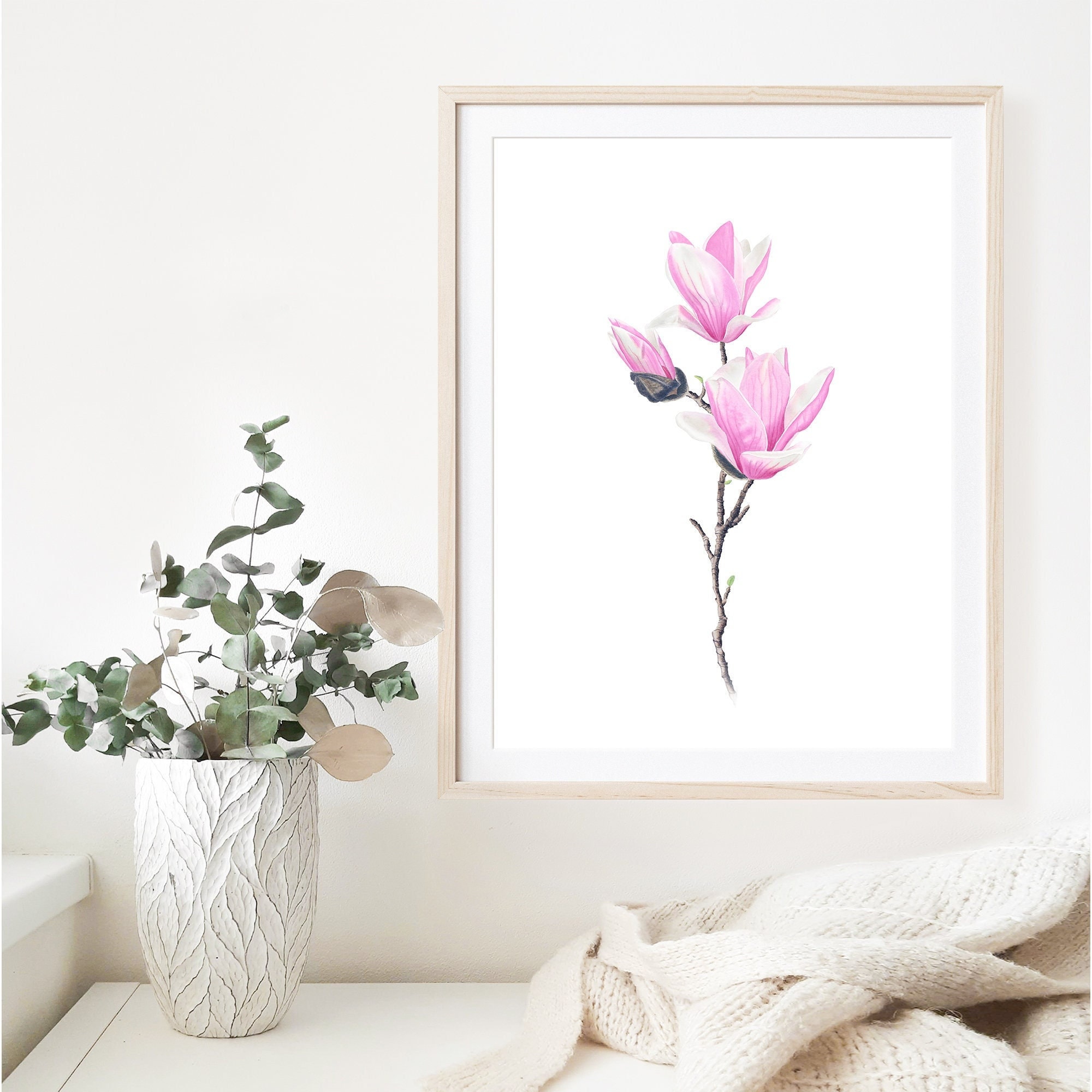 PINK MAGNOLIA WATERCOLOR painting, magnolia print, magnolia wall art, magnolia flower artwork, floral art print, pink blossom gift for mom