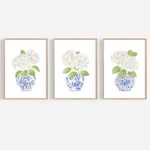 Blue chinoiserie print set 3 Hydrangea painting Ginger jar print Chinoiserie wall art Hydrangea print Blue floral vase Blue white china gift