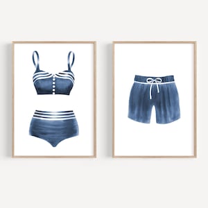 Vintage style swimsuit art prints set 2 Navy blue wall art Beach house decor Lake house wall art Retro bathing suit art Swimming pool art