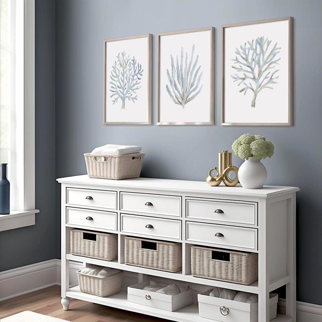 Watercolor Coral Art Set of 3 Prints Light Blue Wall Art Seaweed ...