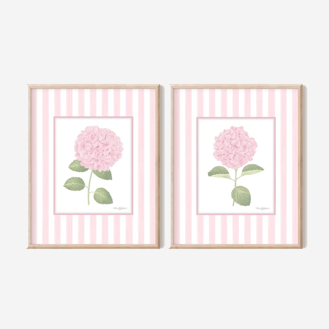 Striped Floral Art Prints Set 2 Pink Hydrangea Wall Art Grandmillennial ...