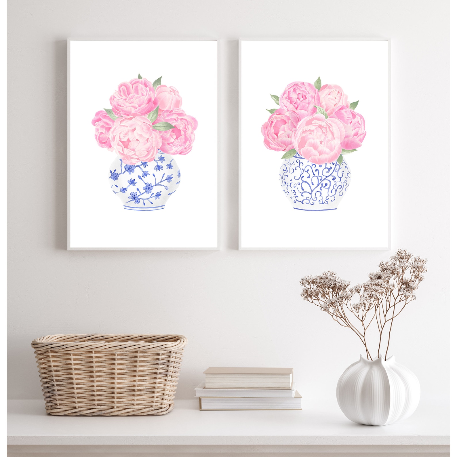Blue Chinoiserie Wall Art Pink Peony Painting Ginger Jar Print Set 2 ...