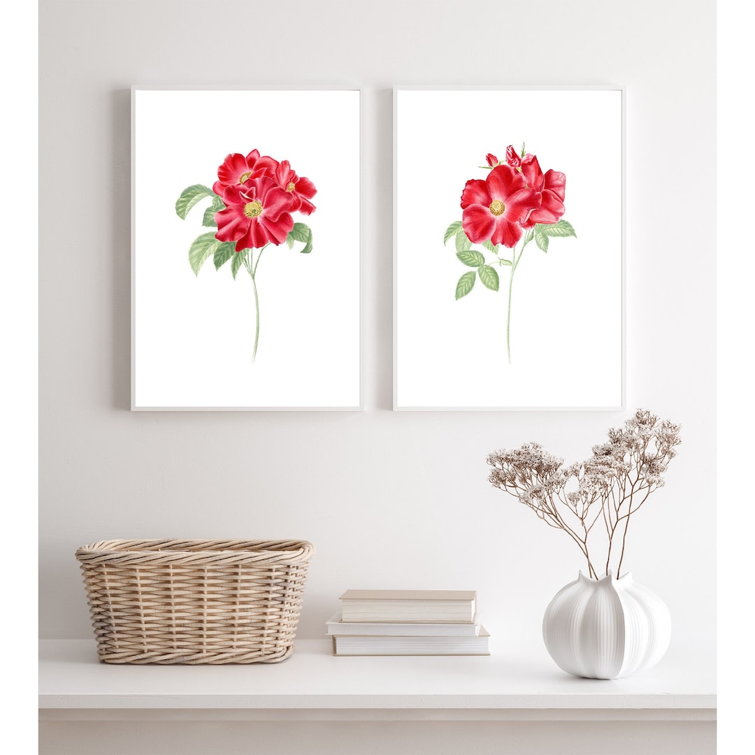 Red Rose Print Set of 2, Red Rose Wall Art, Red Flower Painting, Red