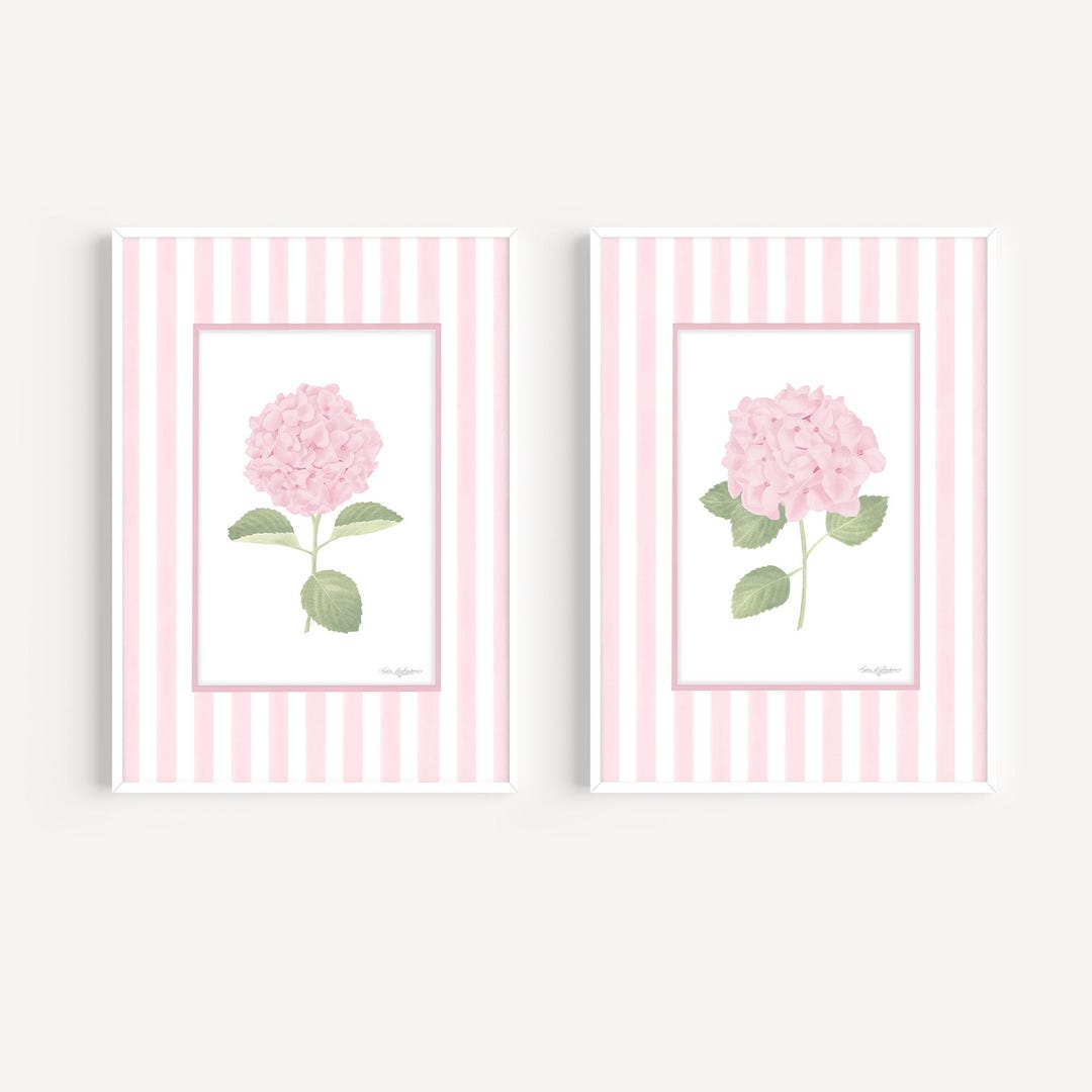 French Country Wall Art Pink Hydrangea Print Set of 2 Striped Art ...