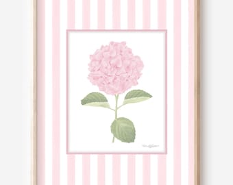 Striped floral art print Pink hydrangea wall art Grandmillennial art French country wall art Watercolor flower Coastal granddaughter print