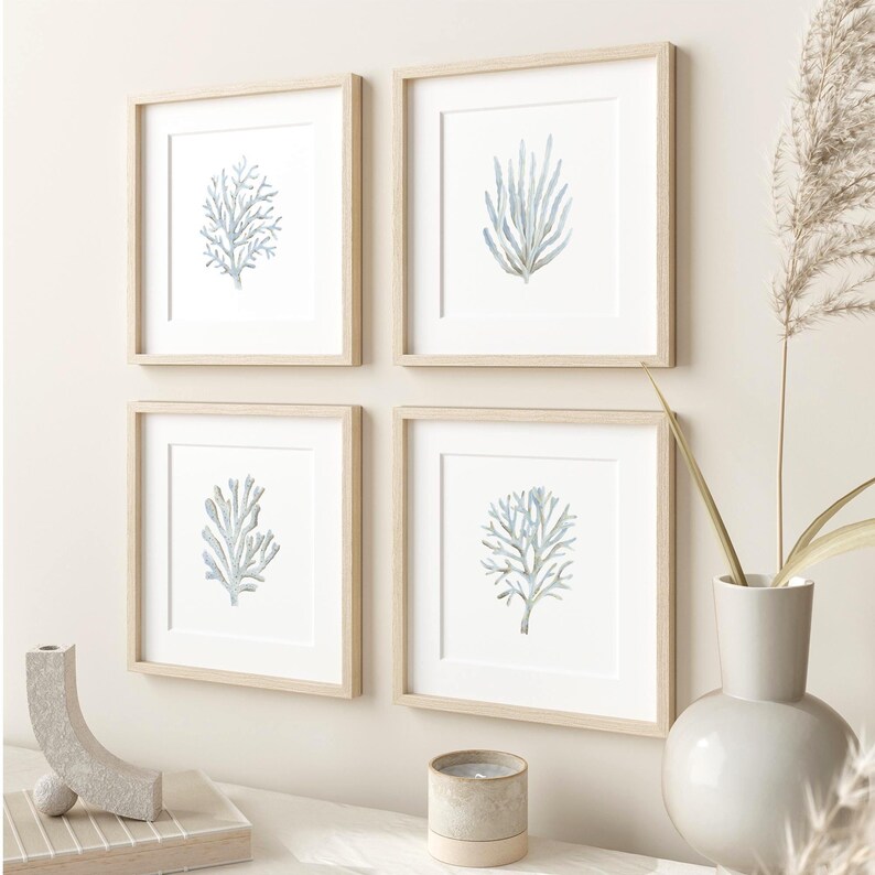 Coastal Wall Art Blue Coral Prints Set 4 Light Blue Wall Art Beach ...