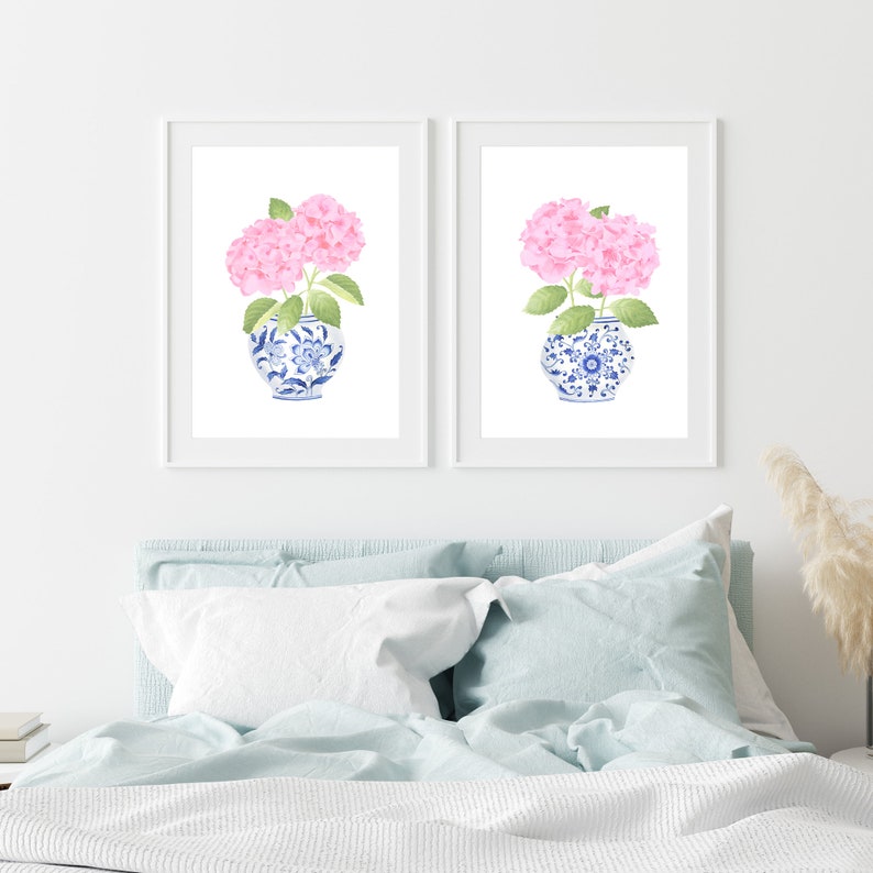Blue Chinoiserie Wall Art Ginger Jar Print Set 2 Pink Hydrangea ...