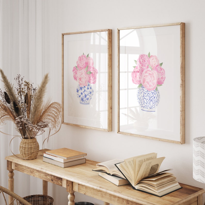 Blue Chinoiserie Wall Art Pink Peony Painting Ginger Jar Print Set 2 ...