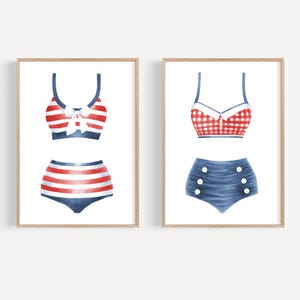 Red white blue bikini print set of 2 Vintage swimsuit art print Beach house decor Lake house decor Retro bathing suit art Swimming pool art