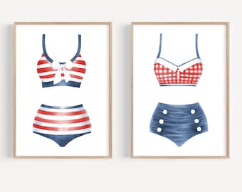 Red white blue bikini print set of 2 Vintage swimsuit art print Beach house decor Lake house decor Retro bathing suit art Swimming pool art