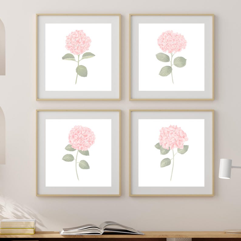 Pink Hydrangea Print Set of 4 Watercolor Hydrangea Wall Art Hydrangea ...