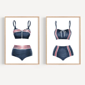 Vintage swimsuit art print set 2 Red white blue retro bathing suit art Lake house decor Beachy wall art Swimming pool art Beach house decor