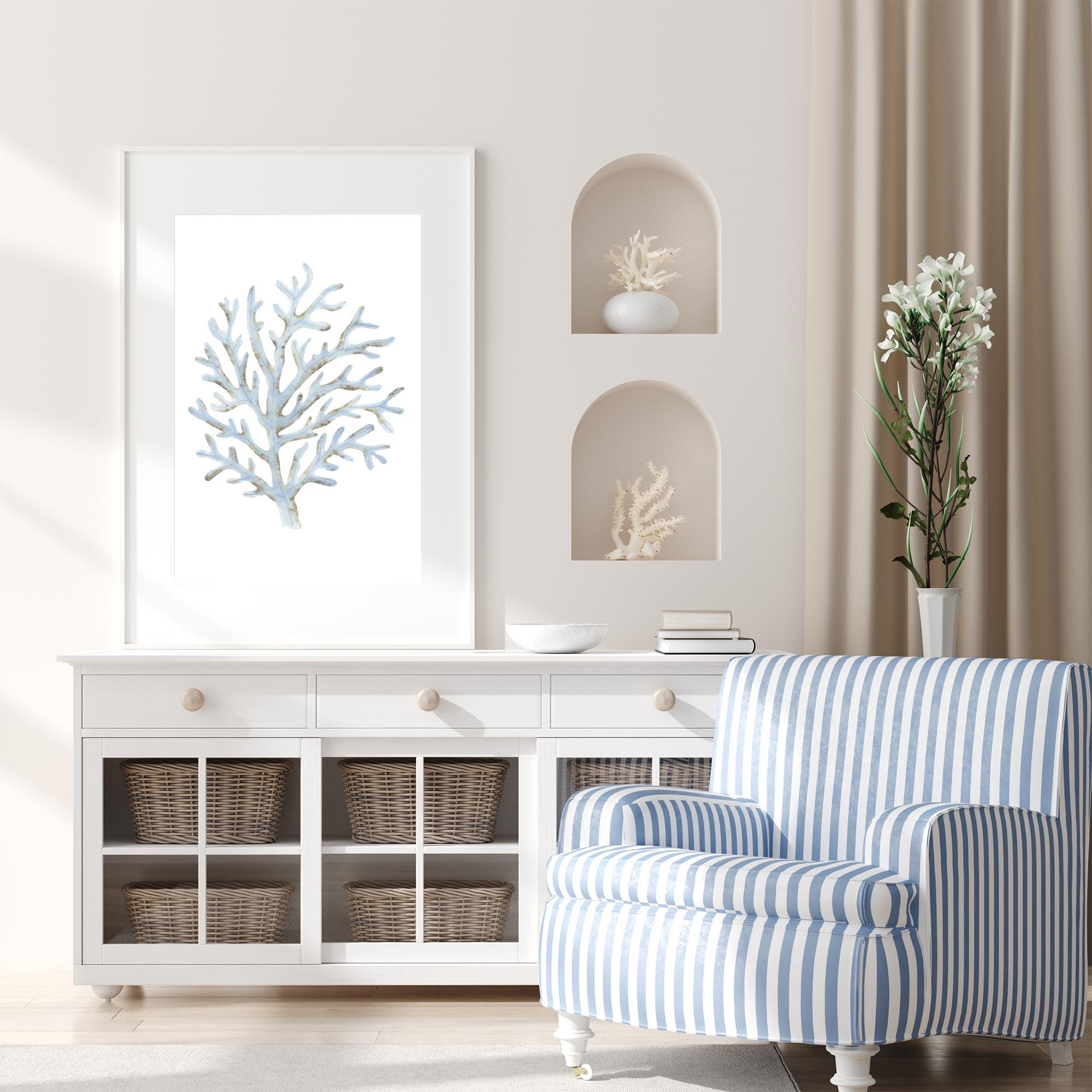 Nautical Light Blue Wall Art Coastal Wall Art Blue Coral Prints Set of ...