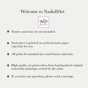 May include: Welcome to NadiaDArt.  Frames and mats are not included. Each piece is printed on archival matte paper especially for you. All prints fit standard size retail frames and mats. High quality art prints taken from hand-painted original watercolor paintings created by the artist. If you have any questions, please send a message.