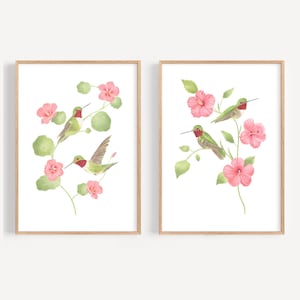 Hummingbird wall art Bird art print set 2 Hummingbird gift for bird lovers Vintage bird prints Watercolor flower poster Botanical wall art