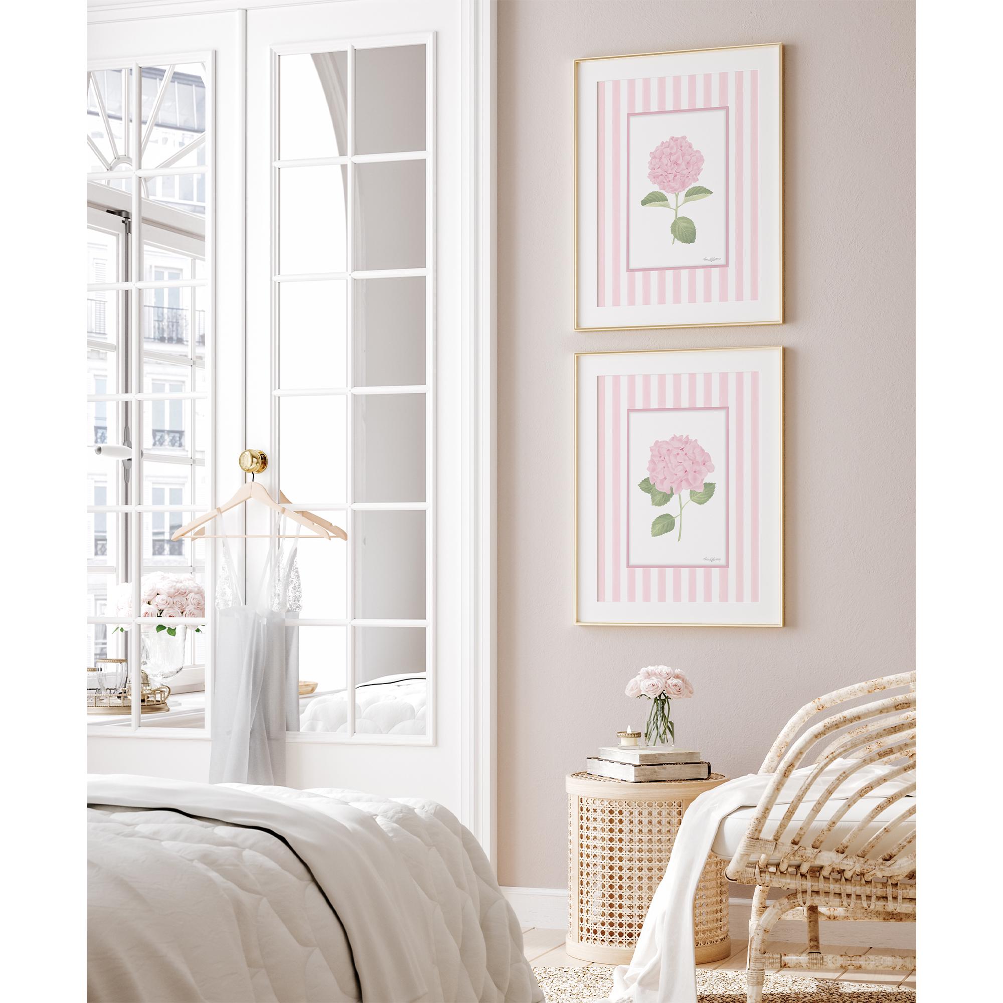 French Country Wall Art Pink Hydrangea Print Set of 2 Striped Art ...