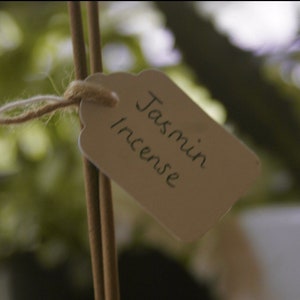 Pu&ograve; includere: Primo piano di un'etichetta di carta marrone legata con spago a due bastoncini di incenso marroni. L'etichetta recita "Jasmin Incense".