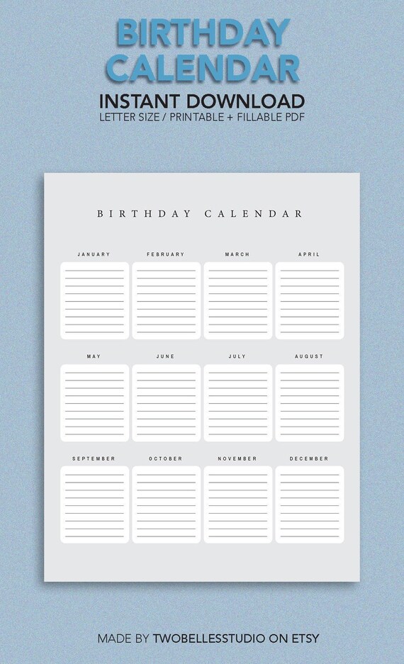 Minimalist Birthday Calendar/ Printable / Digital Download / Monthly /  Productivity - Etsy