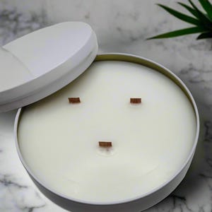Elegant White 16 oz Tin Candle With Crackling Wooden Wick