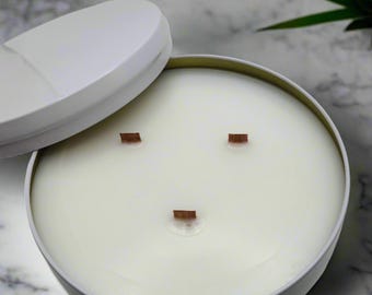 Elegant White 16 oz Tin Candle With Crackling Wooden Wick