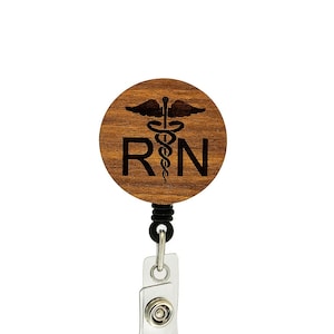 RN Caduceus Badge Reel – Wooden Laser Engraved ID Holder, Nurse Gift and Medical Staff Appreciation