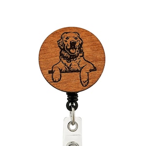Golden Retriever Badge Reel – Wooden Laser Engraved ID Holder, Dog Lover and Veterinary Gift