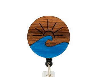 Beachy Sunkissed Waves Badge Reel – Wood and Acrylic Laser Cut ID Holder, Beach Lover Gift for Nurses, Teachers and Healthcare Professionals