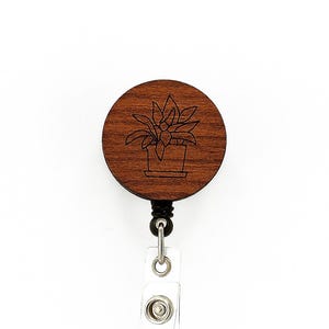 Short Houseplant Badge Reel – Wooden Laser Engraved ID Holder, Plant Lover and Gardener Gift