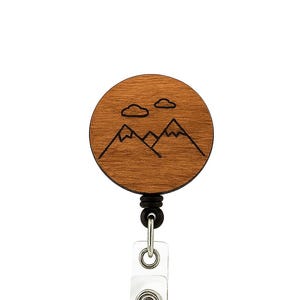 Mountain Top Clouds Badge Reel – Wooden Laser Engraved ID Holder for Hikers and Adventure Lovers