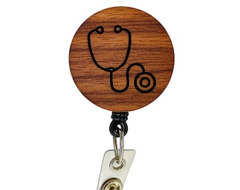 Porta-crachá retrátil para estetoscópio – Porta-identificação de madeira gravado para profissionais de saúde, enfermeiros e médicos.