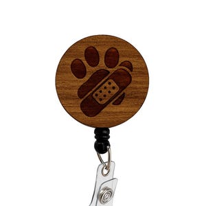 Veterinary Care Bandaged Paw Badge Reel – Wooden Laser Engraved ID Holder for Vet Tech, Pet Professionals and Technicians