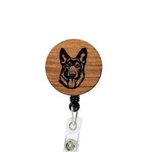 German Shepherd GSD Badge Reel – Wooden Laser Engraved ID Holder, Dog Lover Gift