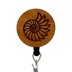 Nautilus Shell Badge Reel – Wooden Laser Engraved ID Holder for Nurses, Teachers, Healthcare Workers, Ocean Lover, Beach Fan