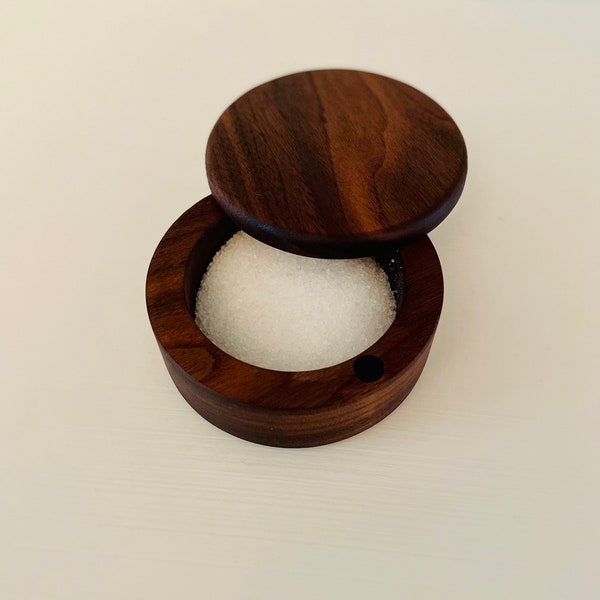 Premium Walnut Salt Cellar with Magnetic Rotating Lid | Stash Box