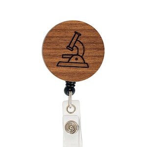 Laboratory Microscope Badge Reel – Wooden Laser Engraved ID Holder, Scientist and Lab Tech Gift