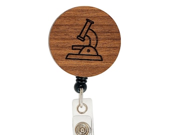 Laboratory Microscope Badge Reel – Wooden Laser Engraved ID Holder, Scientist and Lab Tech Gift