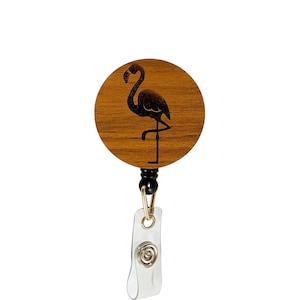 Flamingo Badge Reel – Wooden Laser Engraved ID Holder, Tropical and Beach Lover Gift