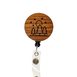 Evergreen Moonlight Badge Reel – Wooden Laser Engraved ID Holder, Nature Lover Gift