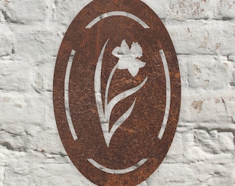 Arte mural rústico de metal con forma de narciso, escultura de acero hecha a mano