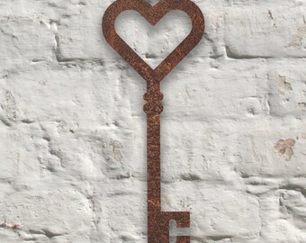 Rustic Steel Key Wall Art, Heart Detail, Handmade Metal Sculpture