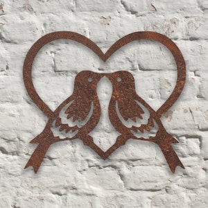 Rustic Metal Love Birds in Heart Wall Art, Handmade Sculpture