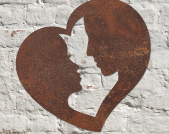 Rustic Metal Heart Sculpture, Him & Her Silhouette Wall Art