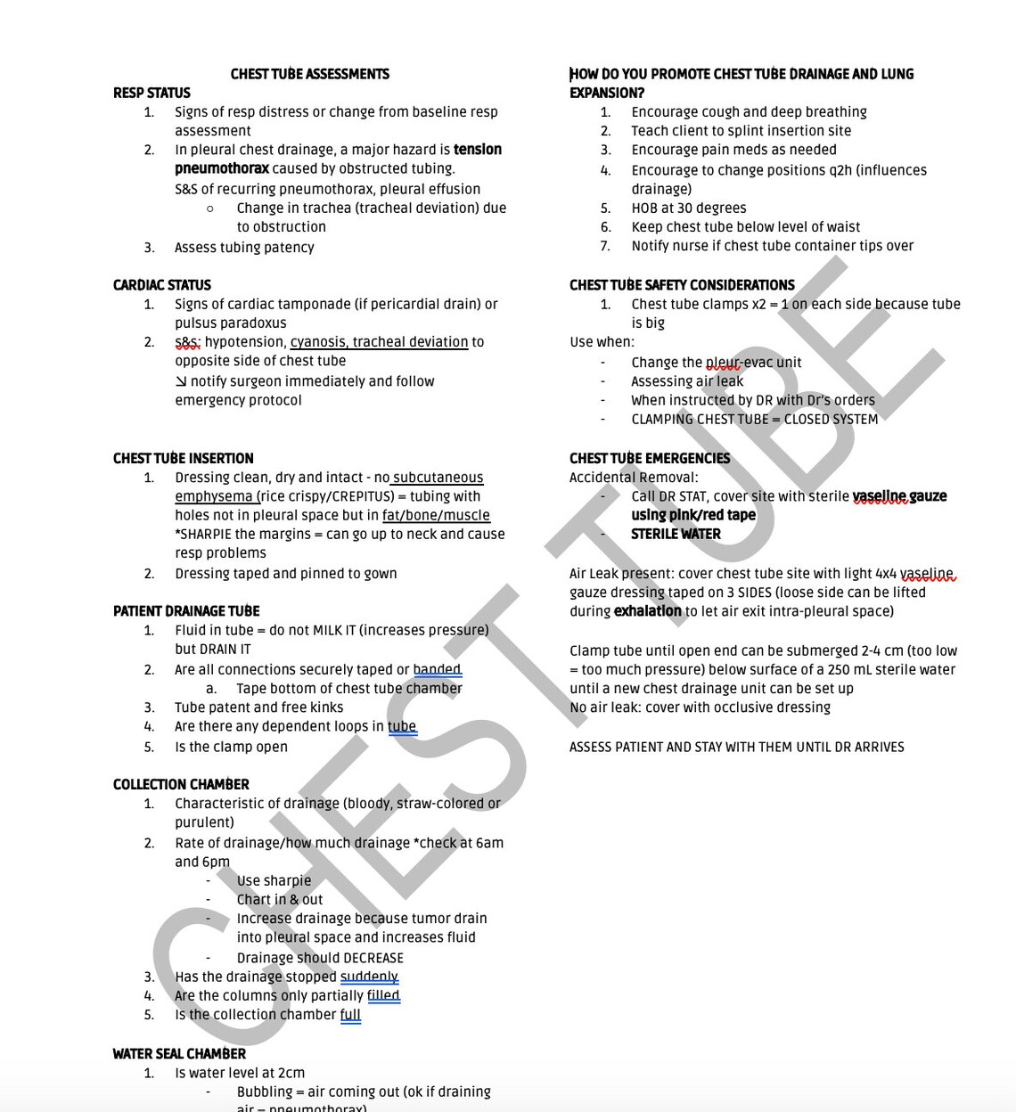 Chest Tube Cheat Sheet