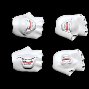 May include: Four white, sculpted, fingerless glove-like objects featuring realistic, detailed human mouths with pink gums and white teeth integrated into the surface. Each piece displays a different facial expression, including various smiles and a grimace.
