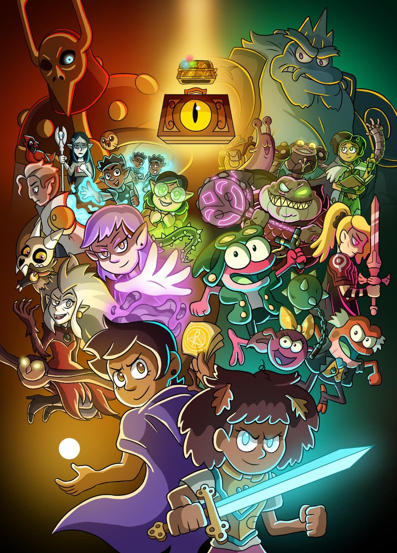 Pode incluir: Uma ilustra&ccedil;&atilde;o colorida com um grupo de personagens de desenhos animados, incluindo uma menina com cabelo castanho segurando uma espada, uma menina com cabelo roxo, uma criatura verde parecida com um sapo e uma variedade de outros personagens. Os personagens est&atilde;o cercados por uma luz dourada brilhante e um ba&uacute; com um grande olho na frente.