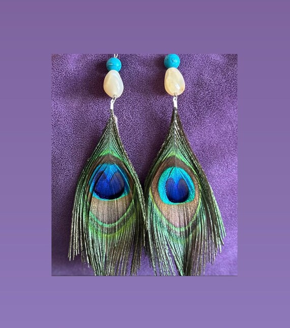 Long Agate and Howlite Peacock Feather Earrings - Etsy display picture 2