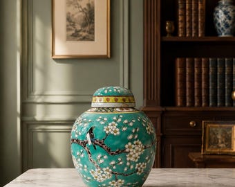 May include: A turquoise ceramic ginger jar with a matching lid, featuring a hand-painted design of brown tree branches, white blossoms, and a small black and white bird. The base and lid rim are decorated with a yellow and green striped pattern.