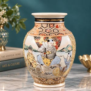 May include: A ceramic vase featuring a hand-painted scene of three figures in traditional attire. The design includes intricate gold, black, and multi-colored patterns on the neck and base, with a central illustration of people in a landscape.